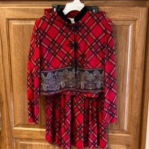 Karin Stevens Red and Black Plaid Top and Skirt with Paisley Trim